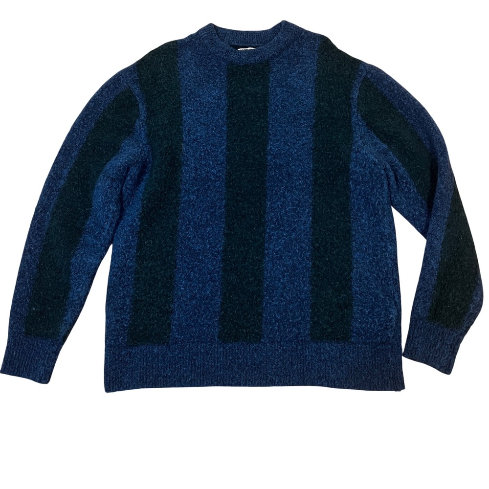 Zara Blue Teal Striped Textured Knit Crew Neck Sweater M Chunky Dark Academia